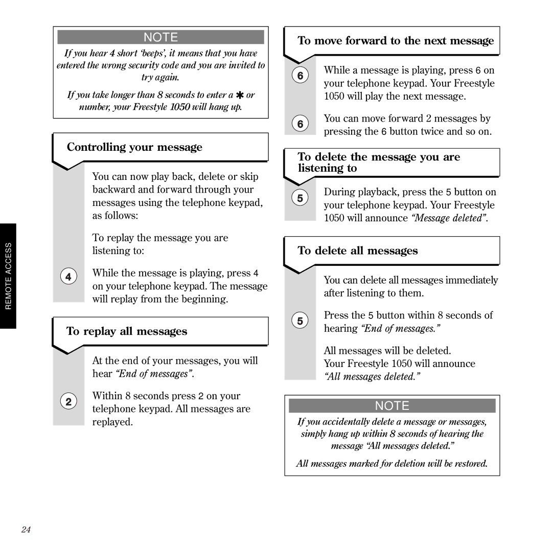 BT 1050 manual Controlling your message, To move forward to the next message, To delete the message you are listening to 