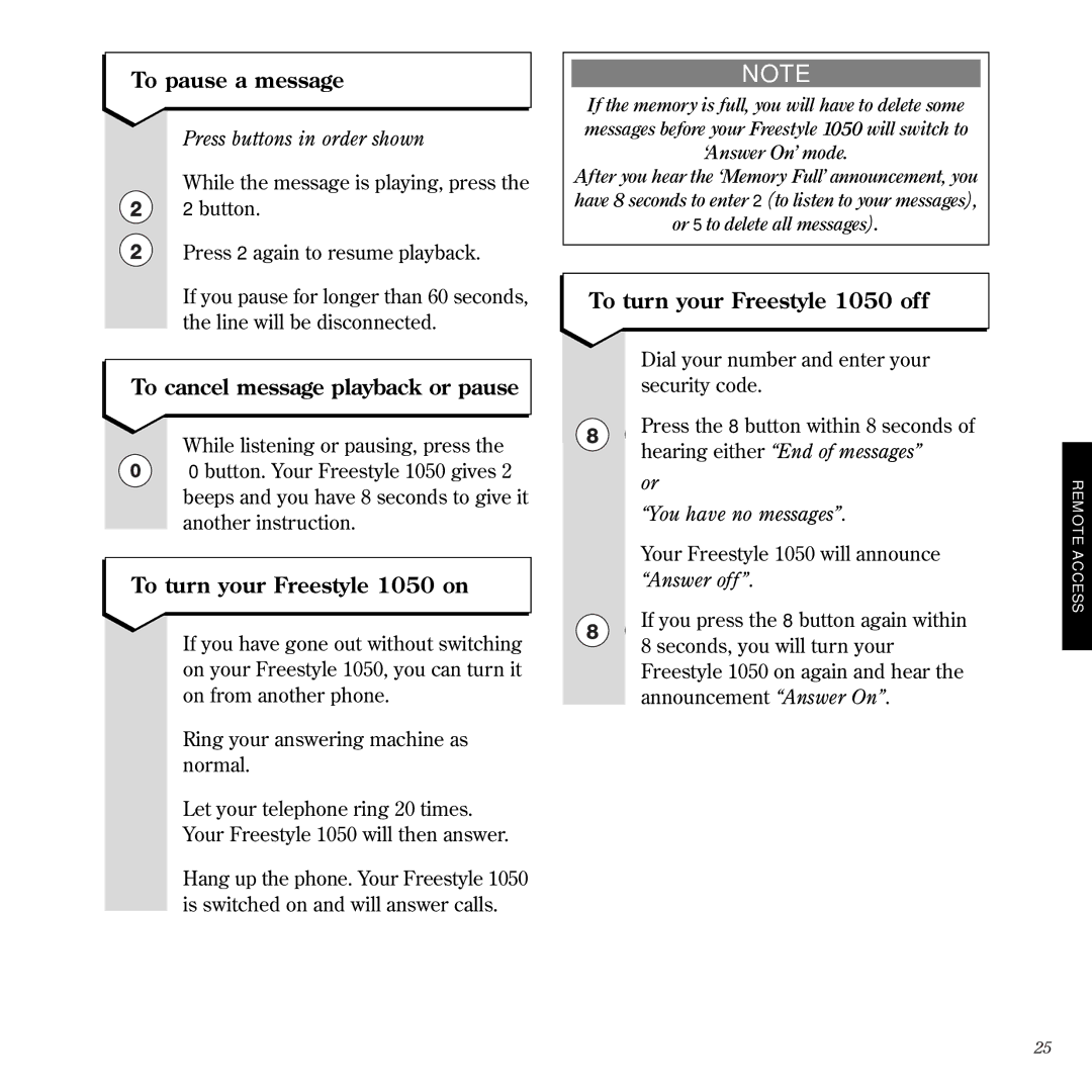 BT manual To cancel message playback or pause, To turn your Freestyle 1050 on, To turn your Freestyle 1050 off 