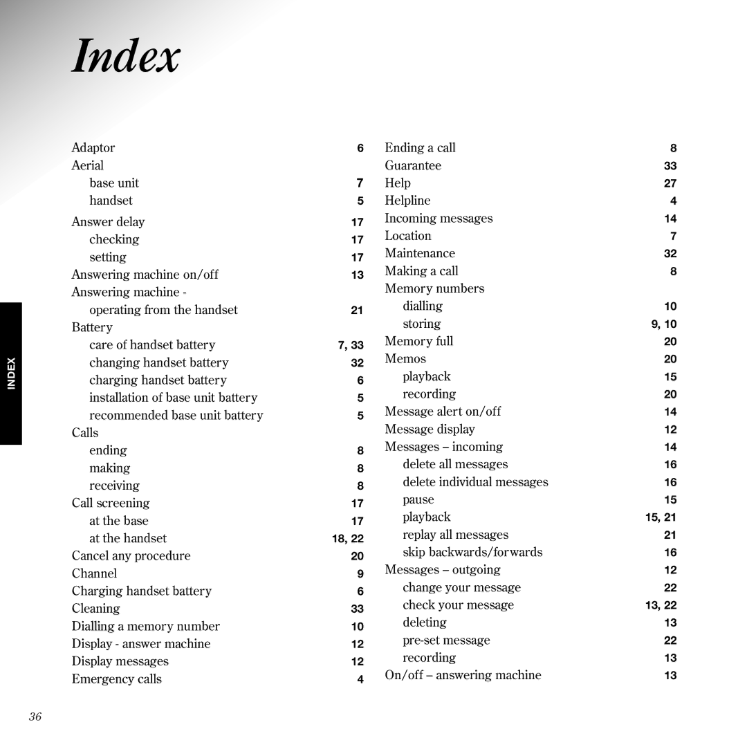 BT 1050 manual Index 