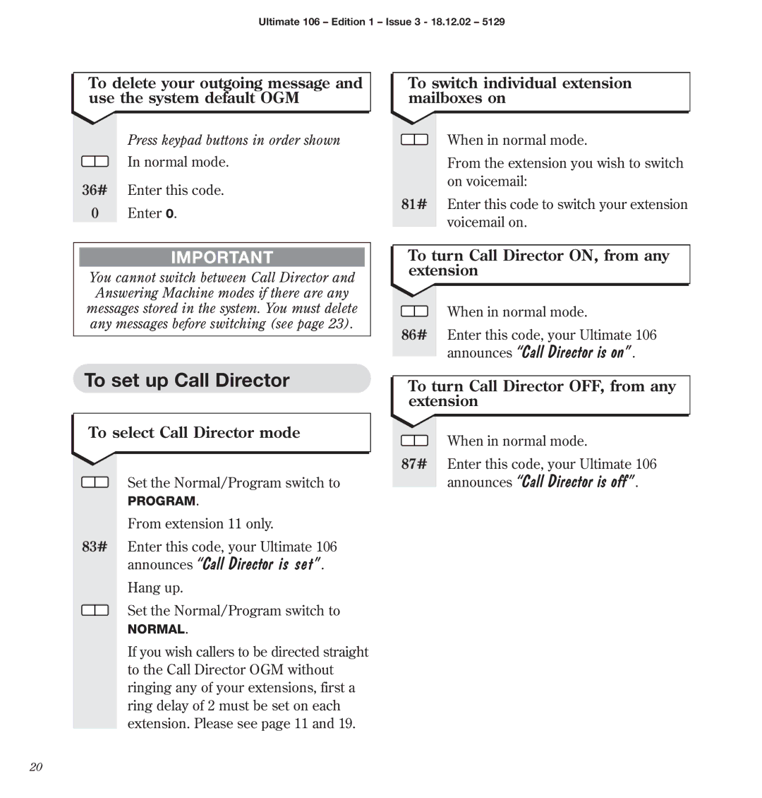 BT 106 manual To set up Call Director, Announces Call Director is set, Announces Call Director is on 