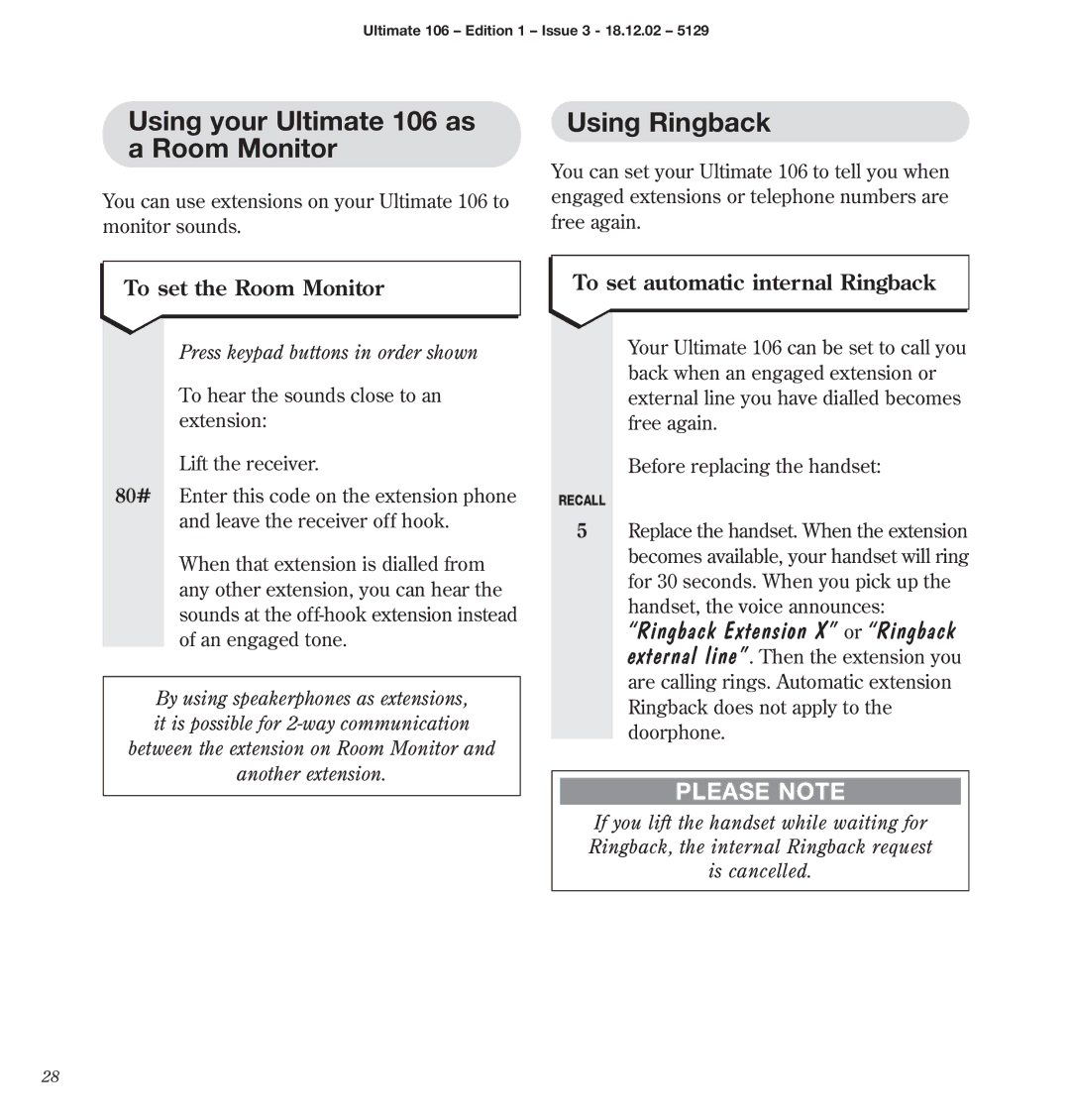 BT Using your Ultimate 106 as a Room Monitor, Using Ringback, Ringback Extension X or Ringback, To set the Room Monitor 