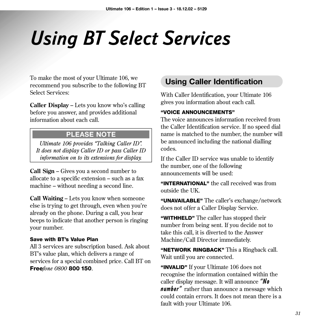 BT 106 manual Using BT Select Services, Using Caller Identification 