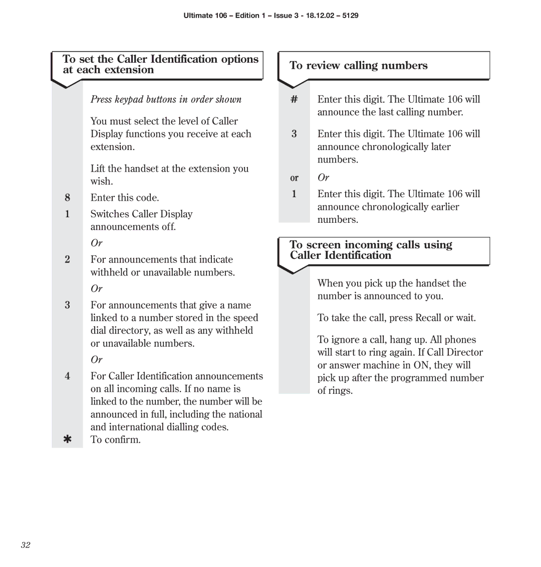 BT 106 manual To set the Caller Identification options at each extension, To review calling numbers 