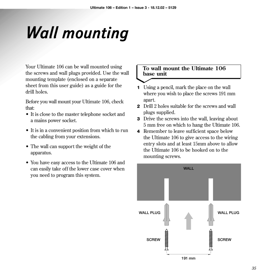 BT manual Wall mounting, To wall mount the Ultimate 106 base unit 