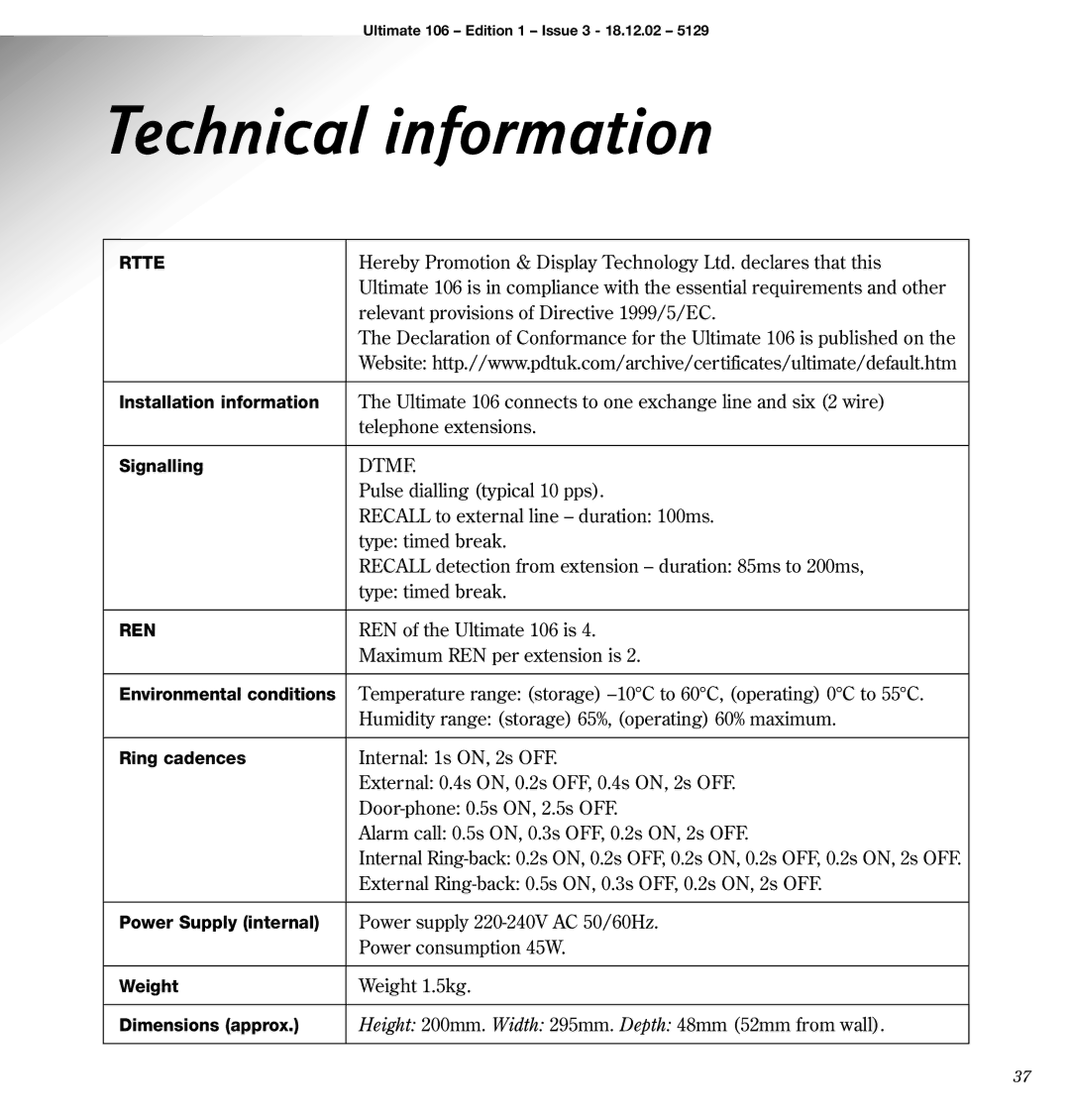 BT 106 manual Technical information, Dtmf 