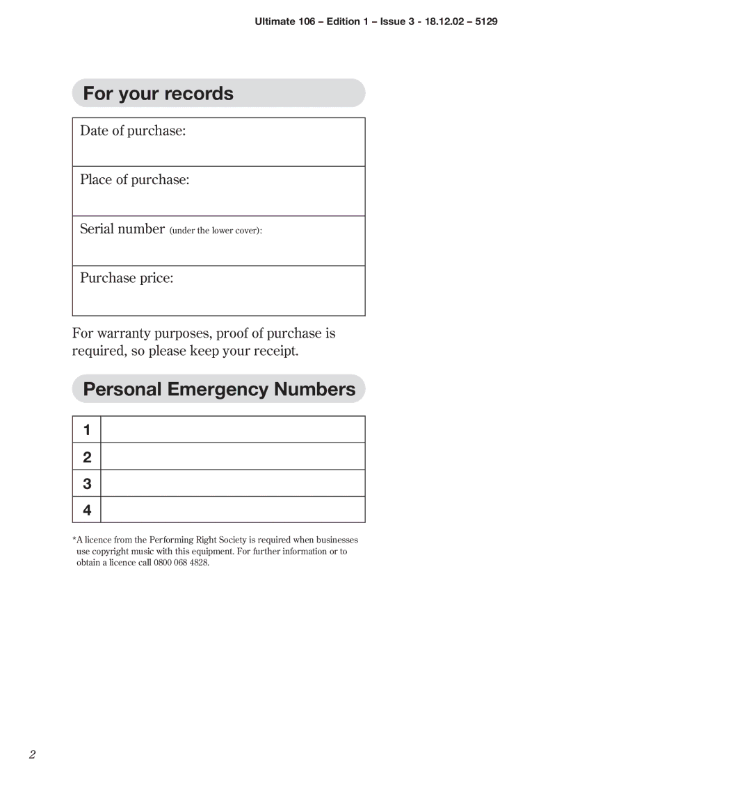 BT 106 manual For your records, Personal Emergency Numbers 