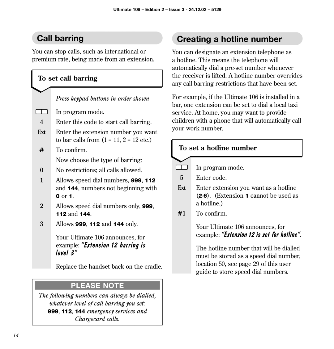 BT 106 manual Call barring, Creating a hotline number, Example Extension 12 barring is level 