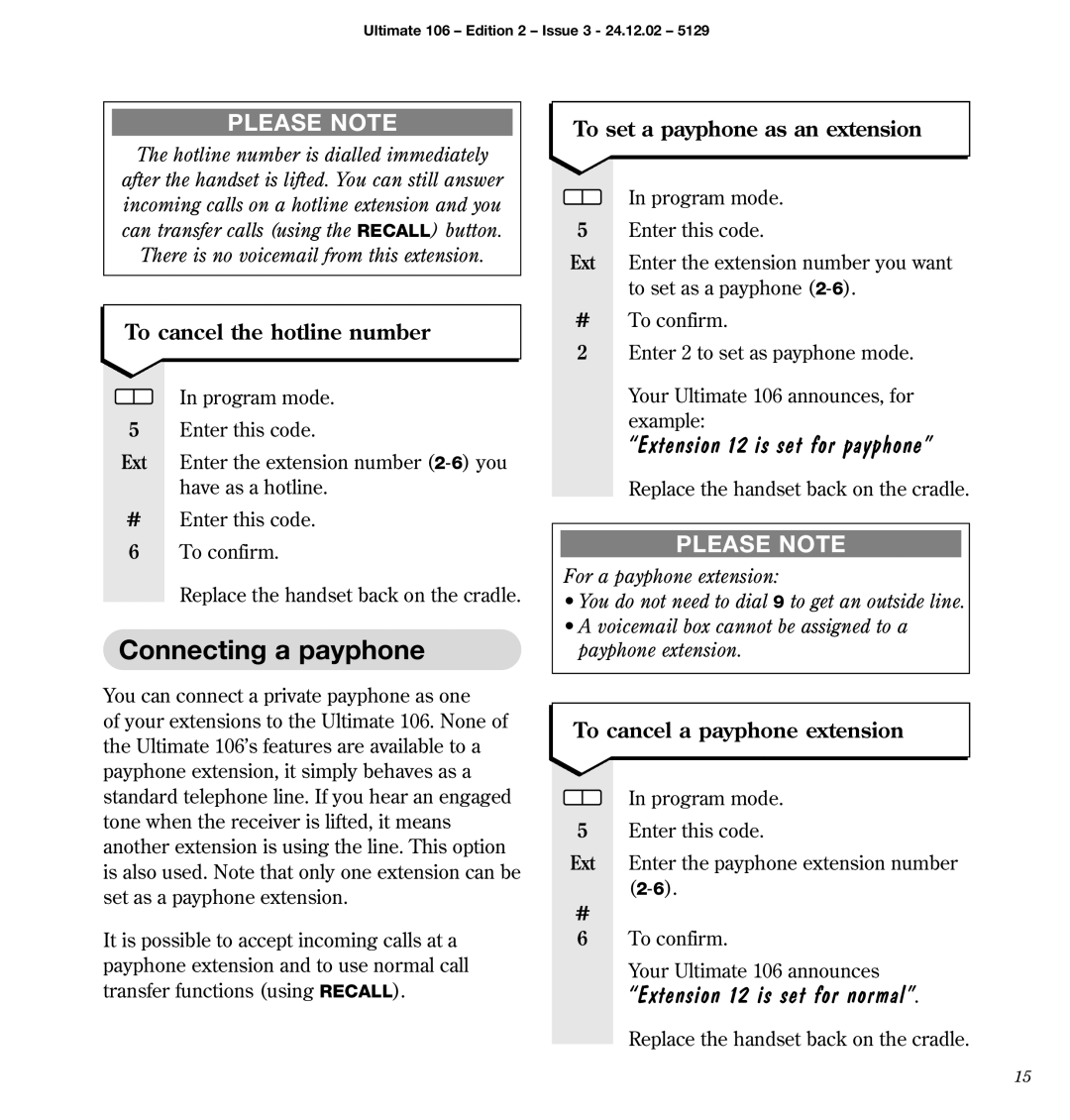 BT 106 manual Connecting a payphone, Extension 12 is set for payphone, Extension 12 is set for normal 