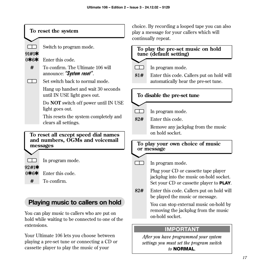 BT 106 manual Playing music to callers on hold, Announce System reset 