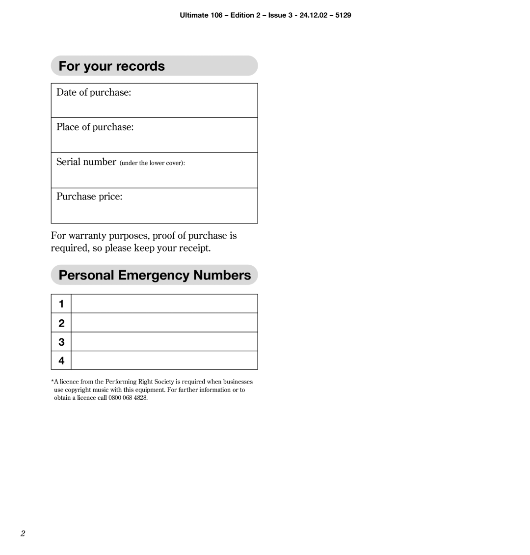 BT 106 manual For your records, Personal Emergency Numbers 