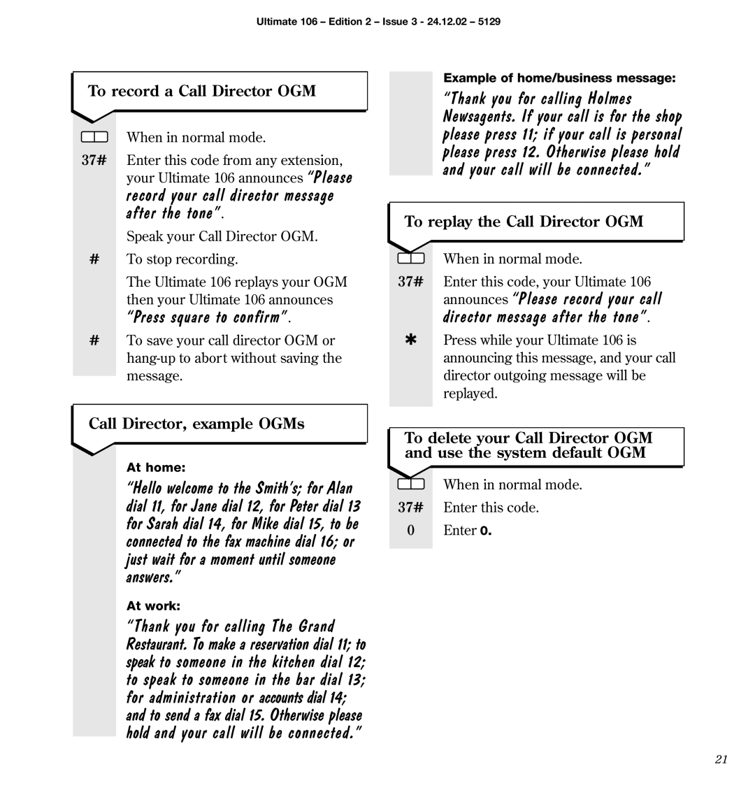 BT 106 Record your call director message after the tone, To record a Call Director OGM, To replay the Call Director OGM 