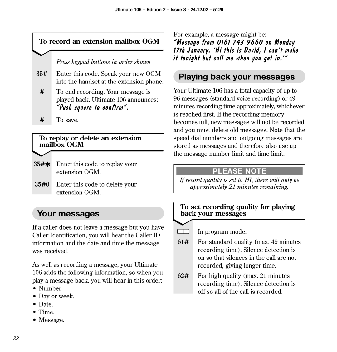 BT 106 manual Playing back your messages, Your messages, Push square to confirm 