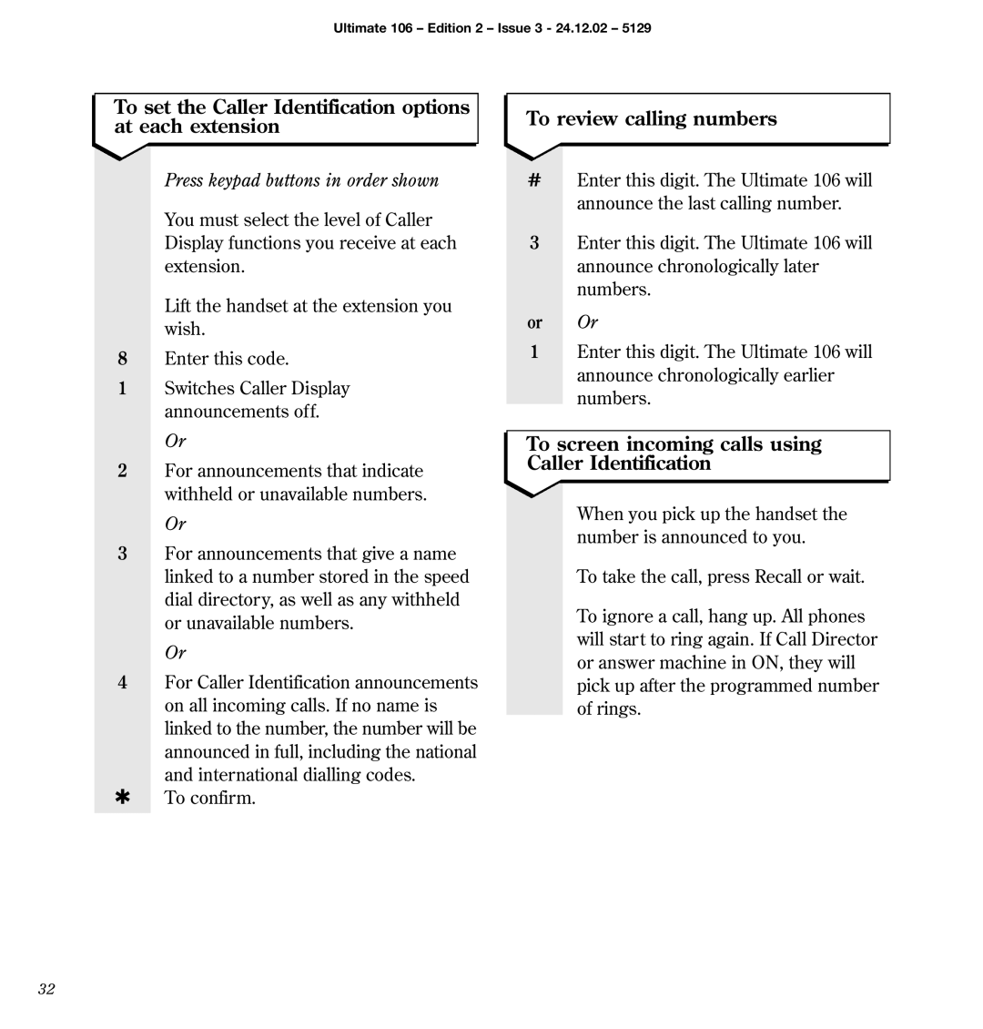 BT 106 manual To set the Caller Identification options at each extension, To review calling numbers 