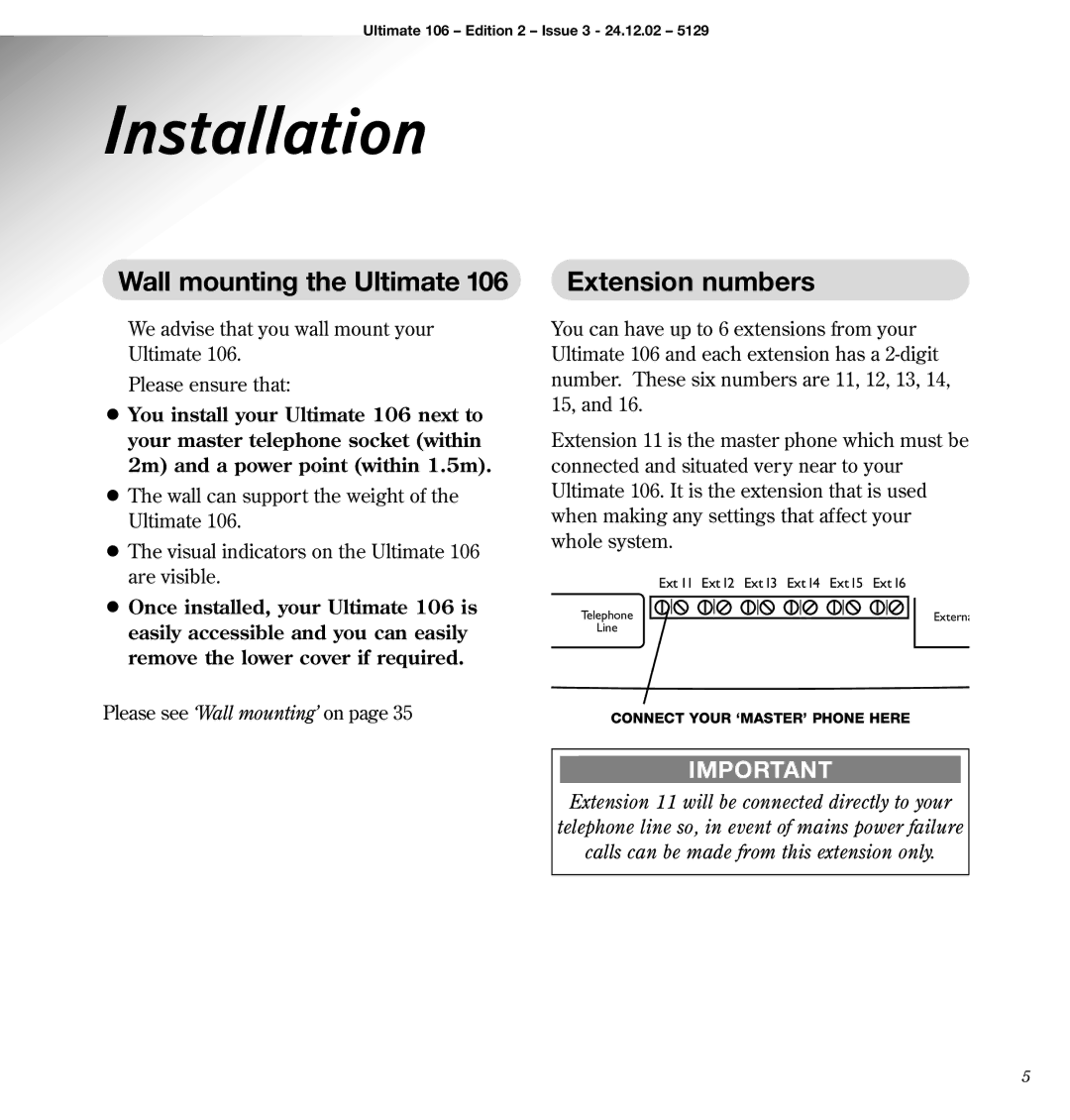 BT 106 manual Installation, Wall mounting the Ultimate Extension numbers 