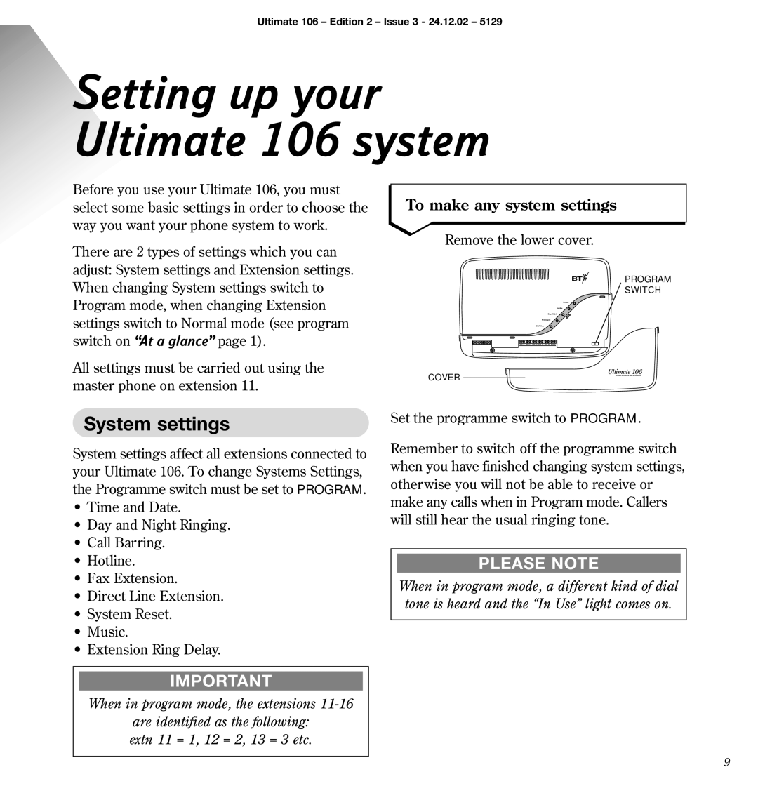 BT 106 manual System settings, To make any system settings 