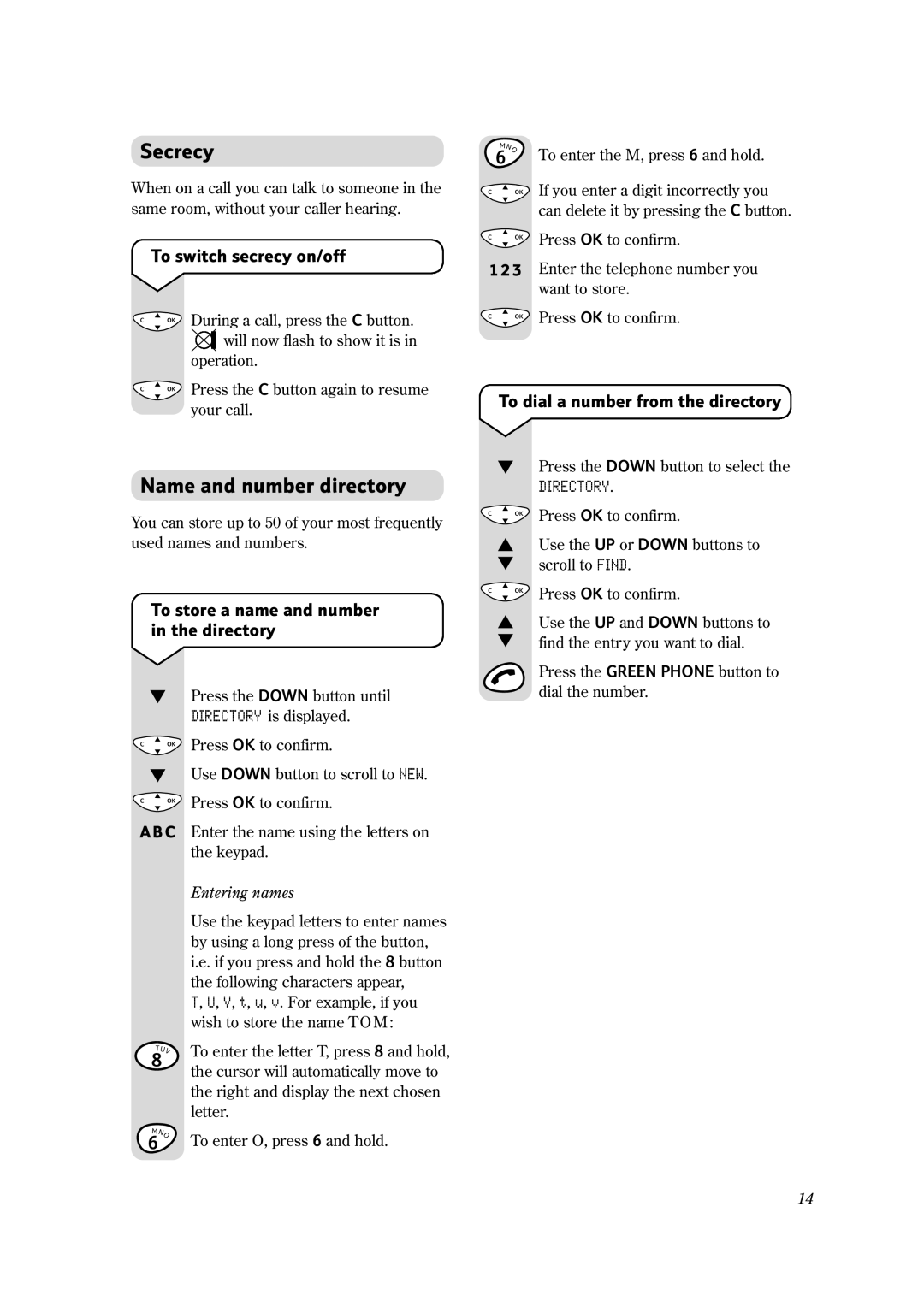 BT 1100 Executive manual Secrecy, Name and number directory, To switch secrecy on/off, To dial a number from the directory 