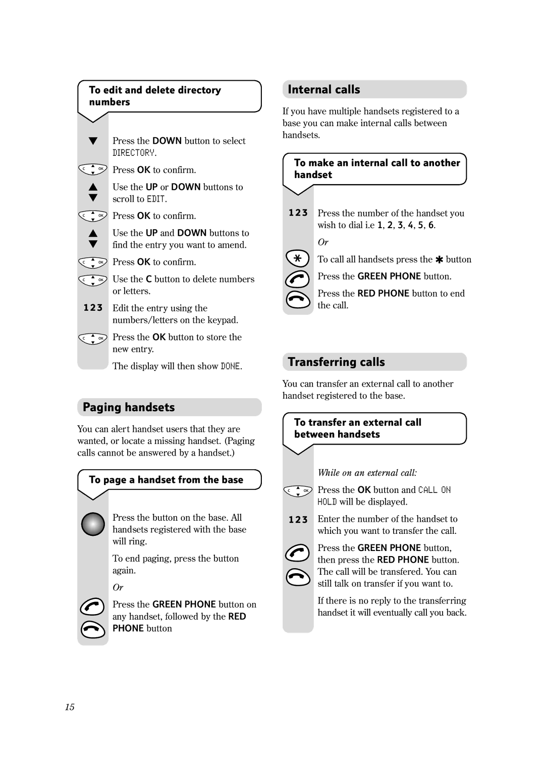 BT 1100 Executive manual Internal calls, Paging handsets, Transferring calls, To edit and delete directory numbers 