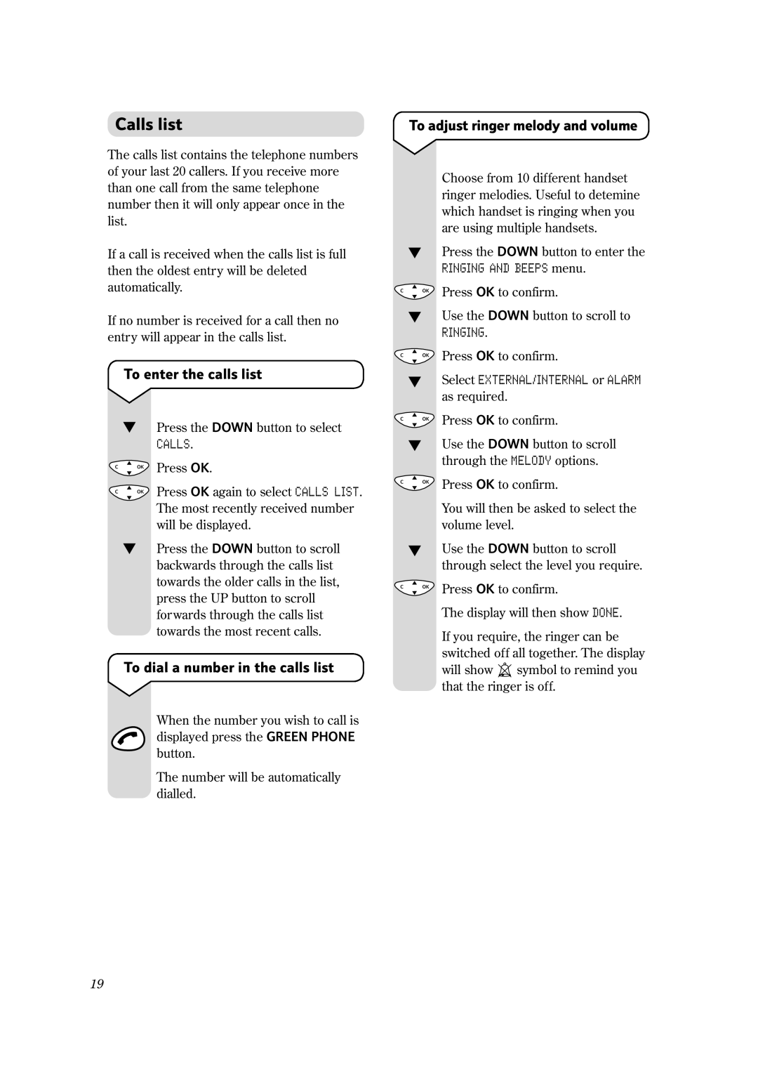 BT 1100 Executive manual Calls list, To enter the calls list, To adjust ringer melody and volume 