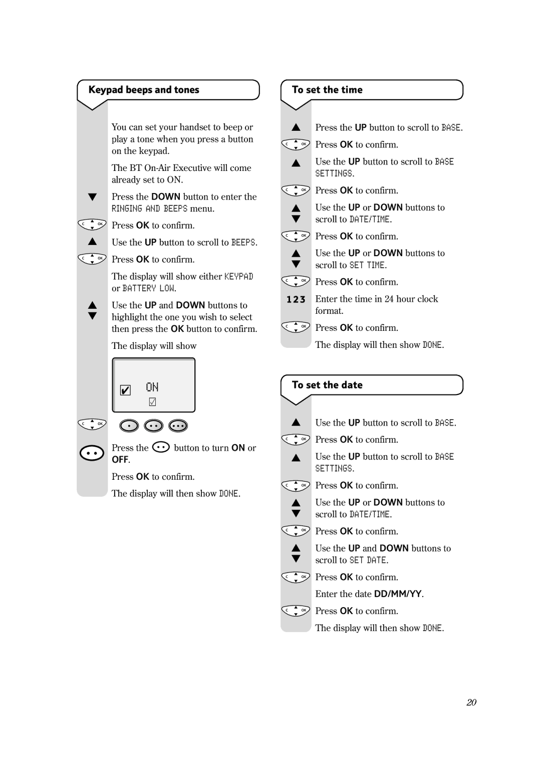 BT 1100 Executive manual Keypad beeps and tones, To set the time, To set the date 