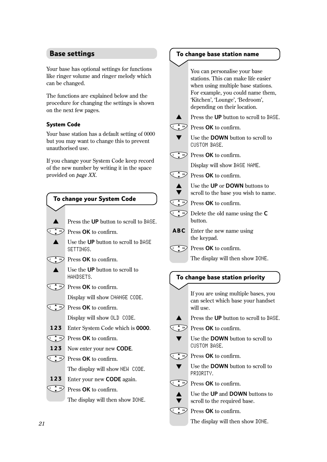 BT 1100 Executive manual Base settings, To change your System Code, To change base station priority 