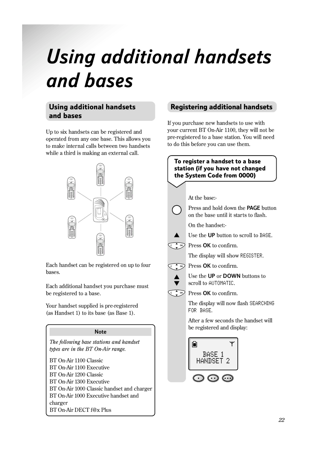 BT 1100 Executive manual Using additional handsets and bases, Registering additional handsets 