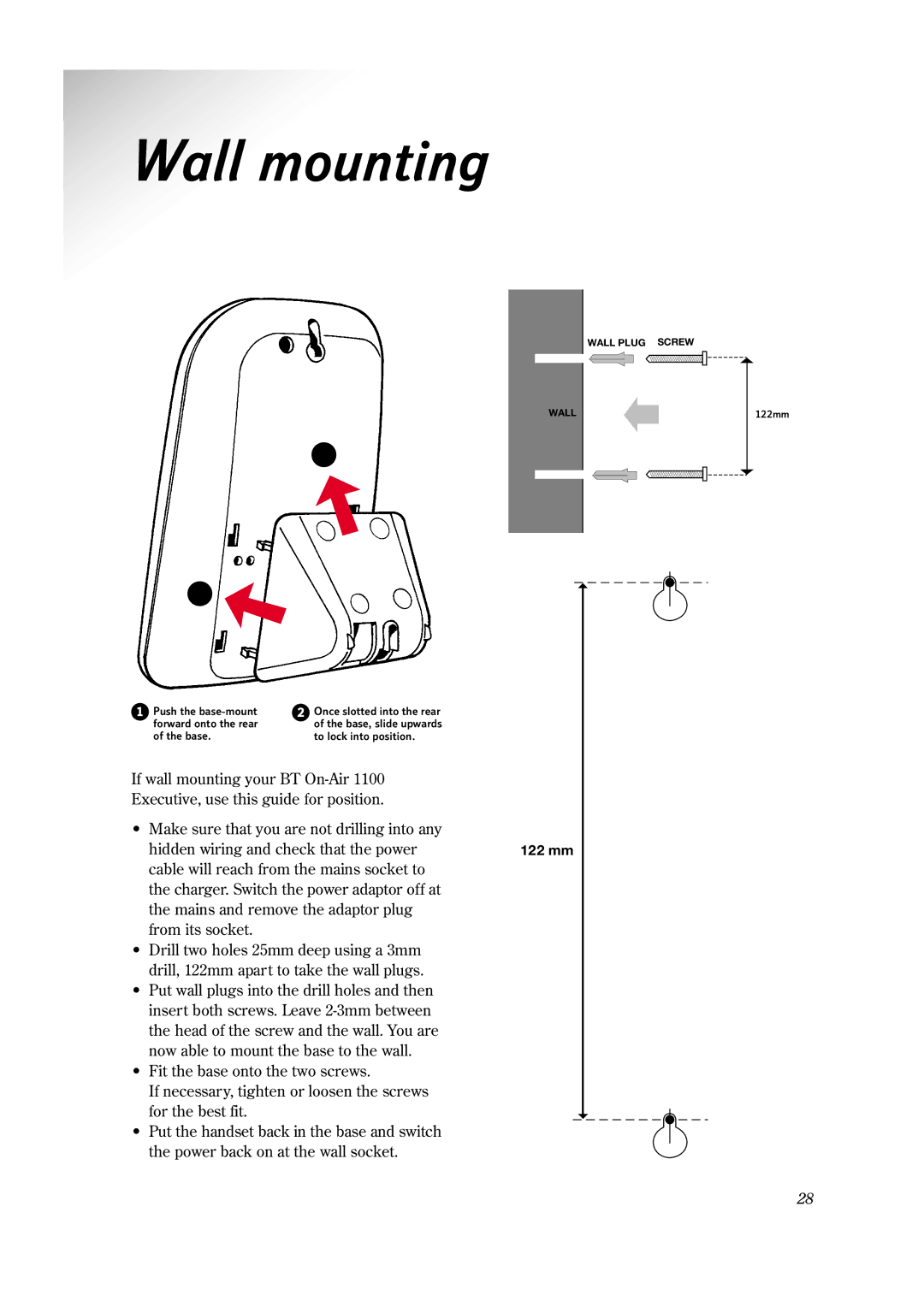 BT 1100 Executive manual Wall mounting, Wall Plug Screw 