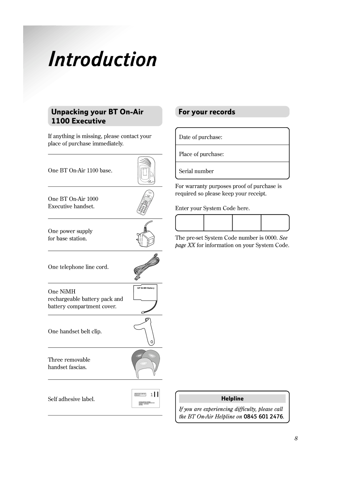 BT manual Introduction, Unpacking your BT On-Air 1100 Executive, For your records 