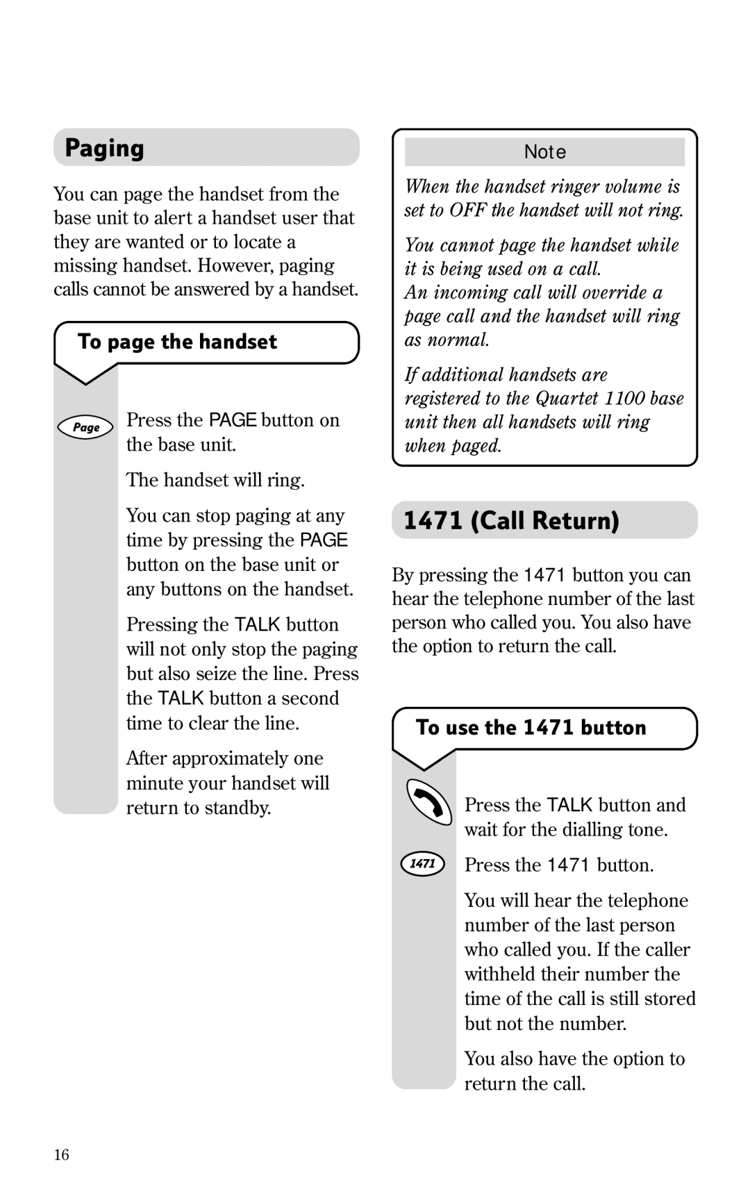 BT 1100 manual Paging, Call Return, To page the handset, To use the 1471 button 