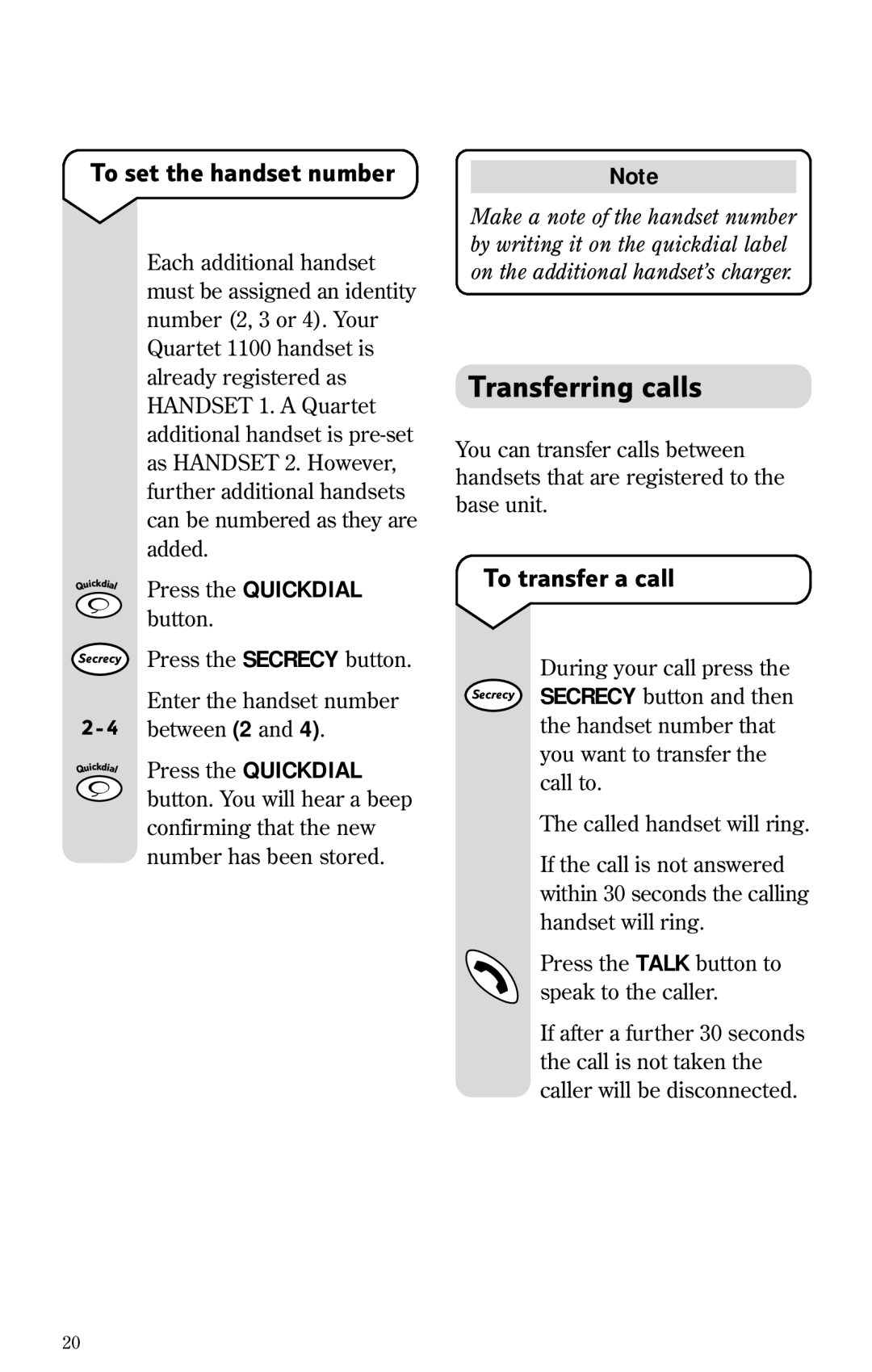 BT 1100 manual Transferring calls, To set the handset number, To transfer a call 