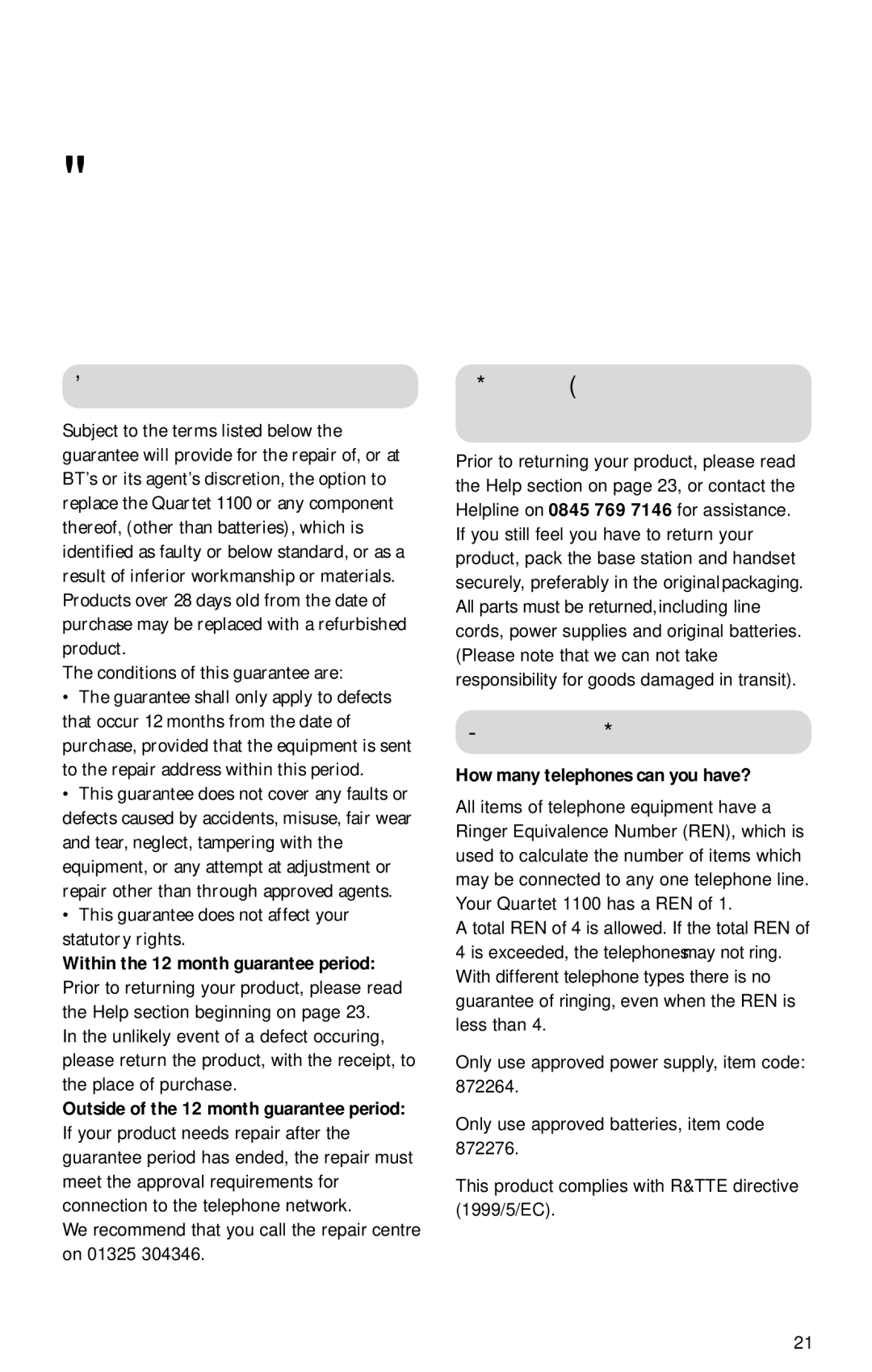 BT 1100 manual General information, Guarantee, If you have to return your product, Technical information 