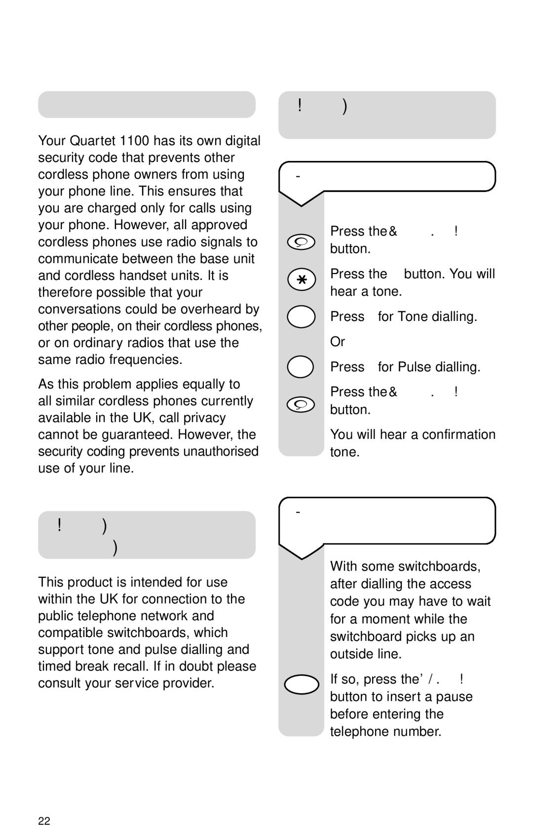 BT 1100 manual Call security, Switchboard access codes, Switchboard compatibility, To set the dialling mode 