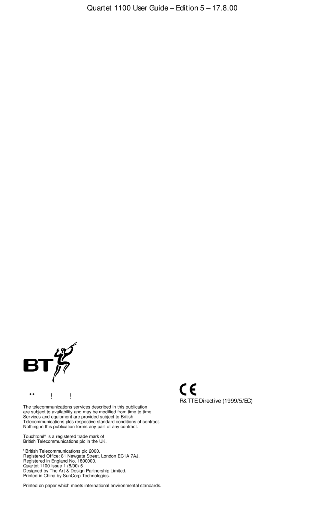 BT manual Quartet 1100 User Guide Edition 5 Offices worldwide 