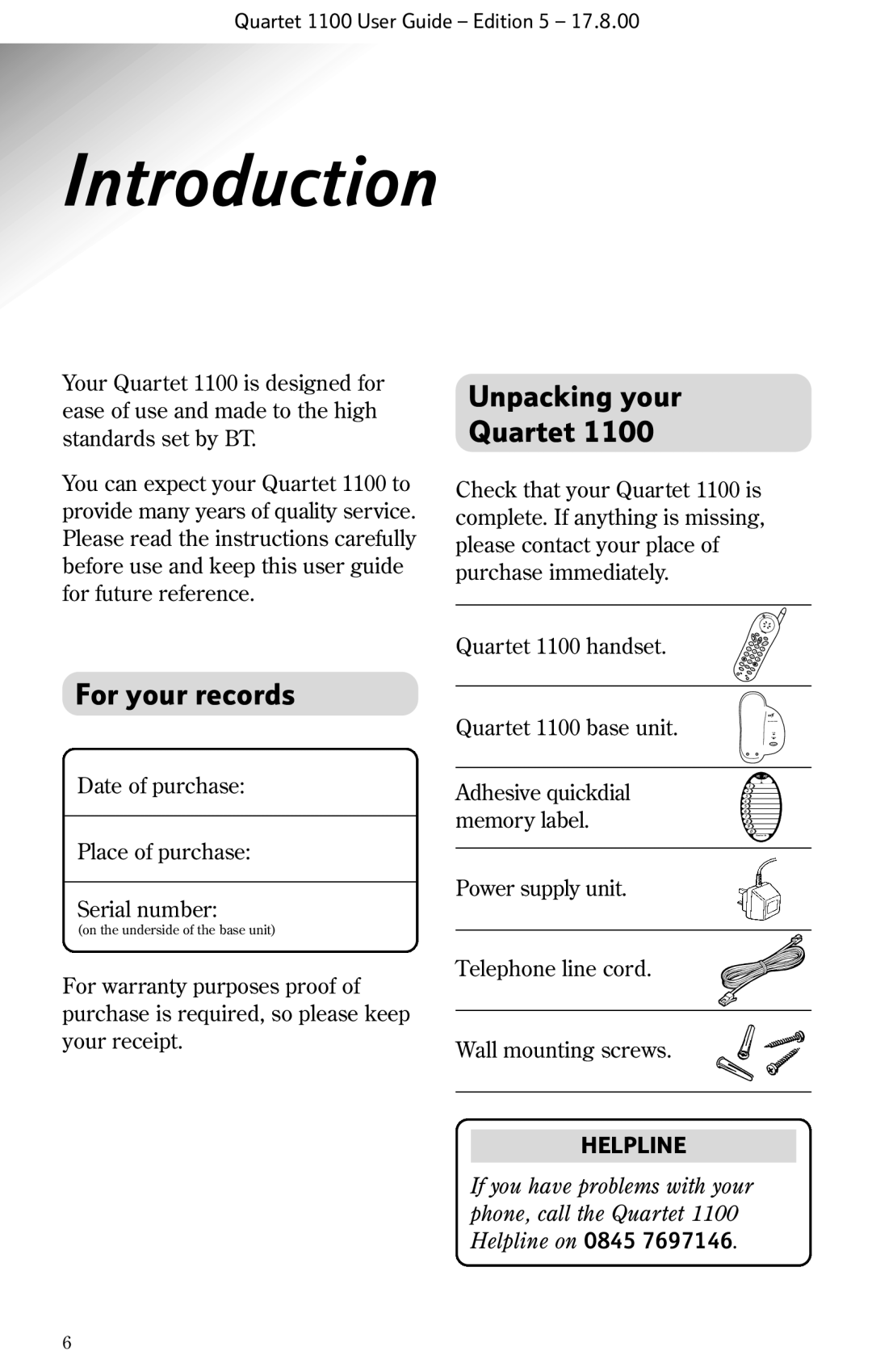 BT 1100 manual Introduction, Unpacking your Quartet, For your records 