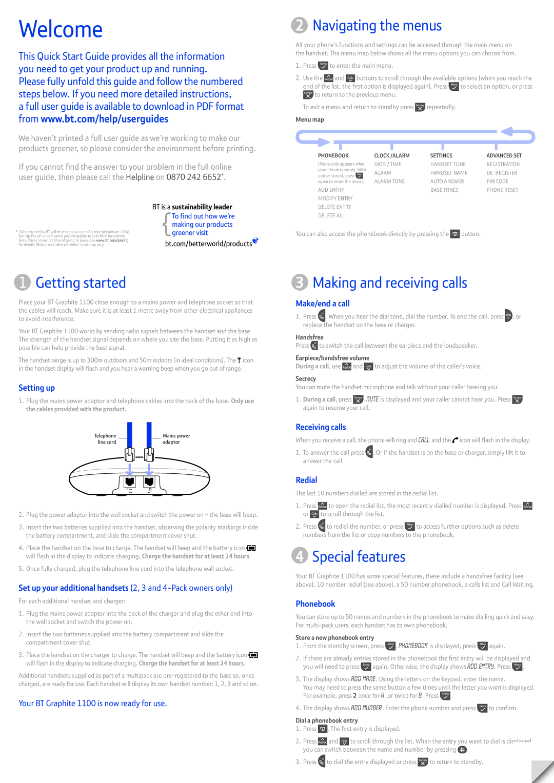 BT 1100 quick start Navigating the menus, Getting started, Making and receiving calls, Special features 