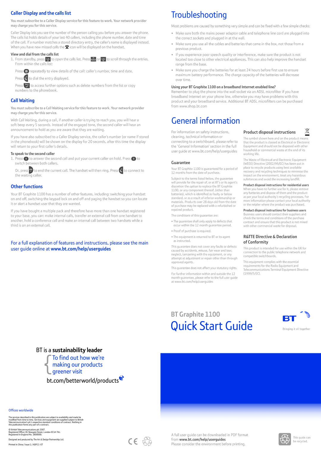 BT 1100 quick start Troubleshooting, Caller Display and the calls list, Call Waiting, Other functions 