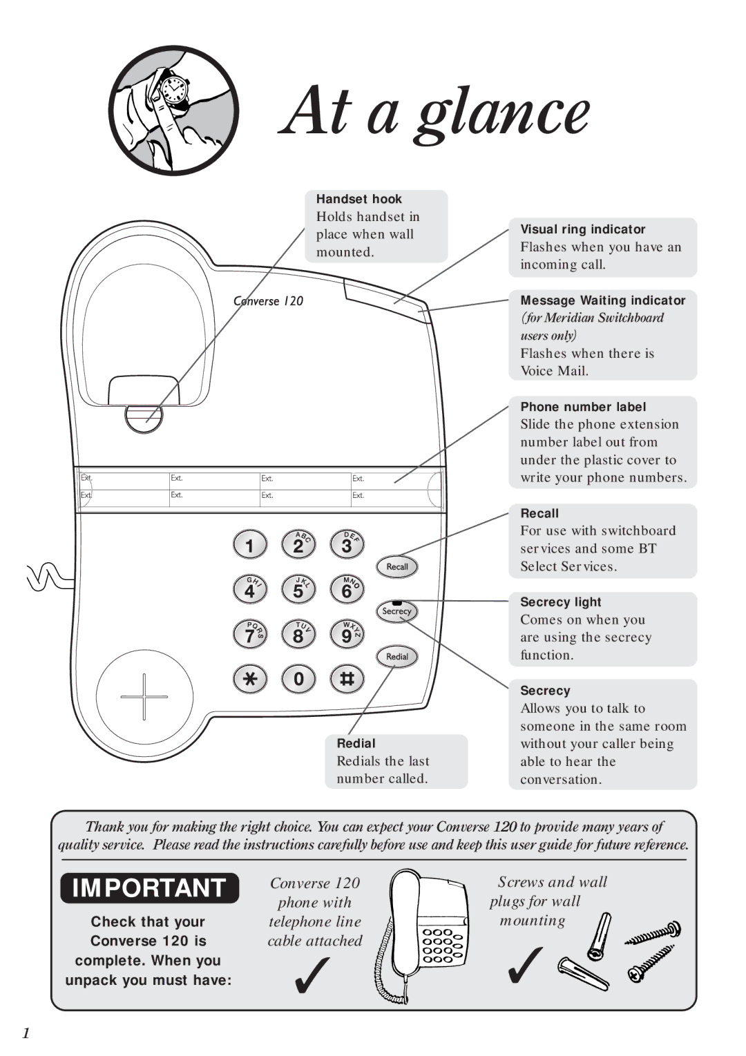 BT 120 manual Converse Screws and wall Phone with Plugs for wall, Telephone line Mounting, Cable attached 