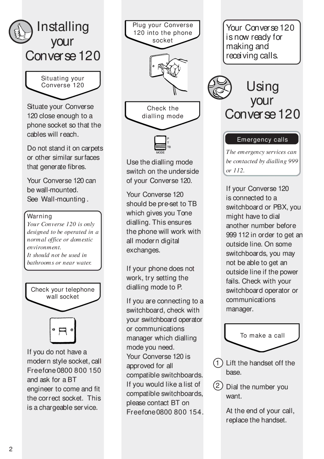 BT manual Installing Your Converse 120, See ‘Wall-mounting’ 