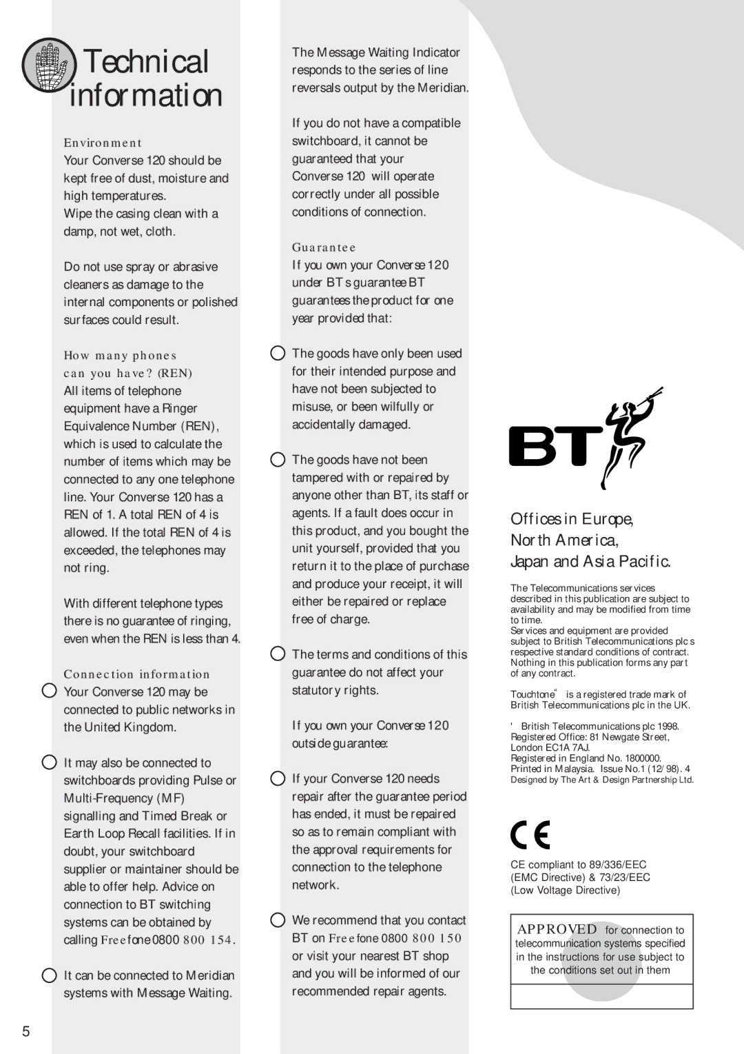 BT 120 manual Technical Information, Offices in Europe North America Japan and Asia Pacific 