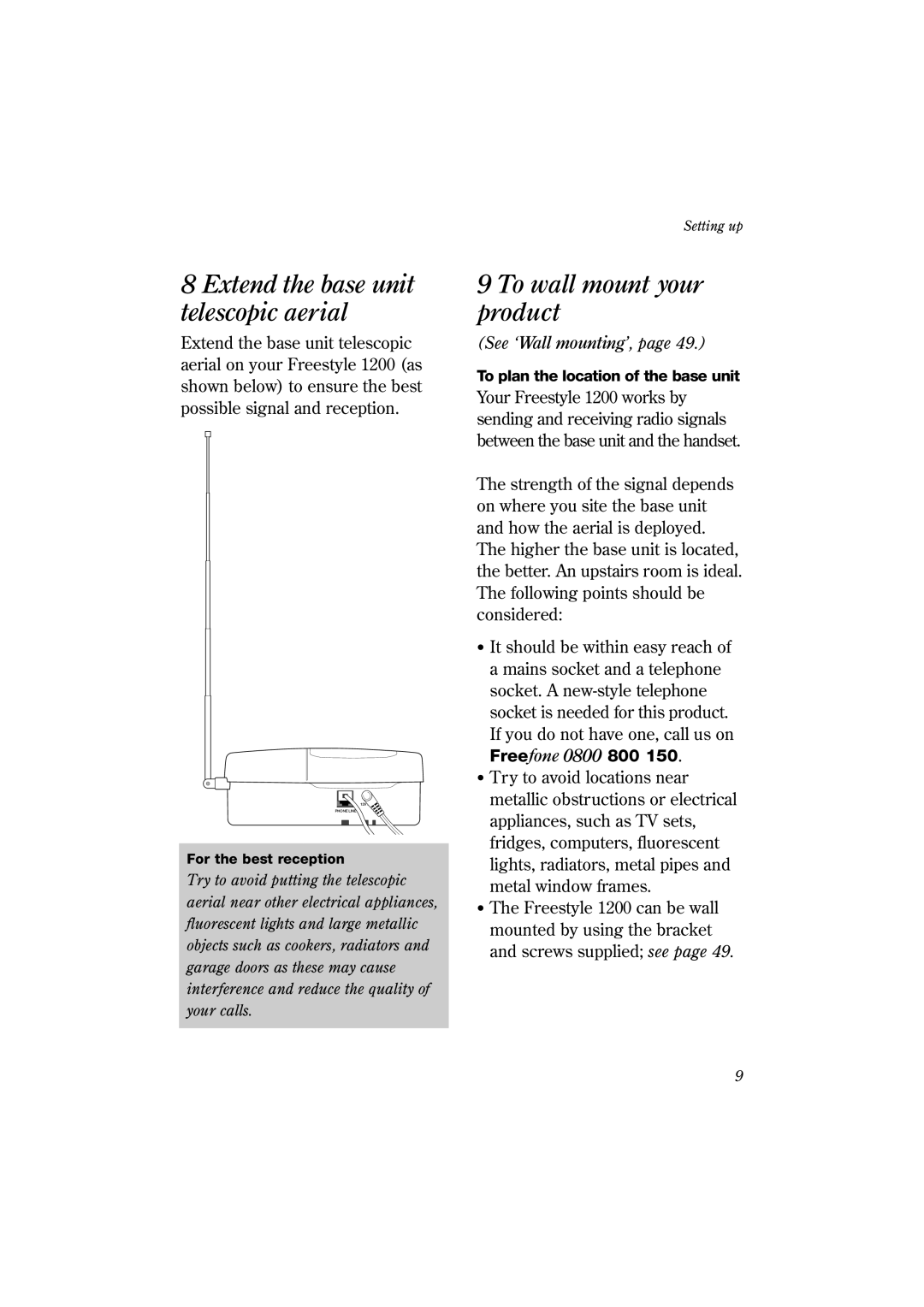 BT 1200 manual Extend the base unit telescopic aerial, To wall mount your product, See ‘Wall mounting’ 