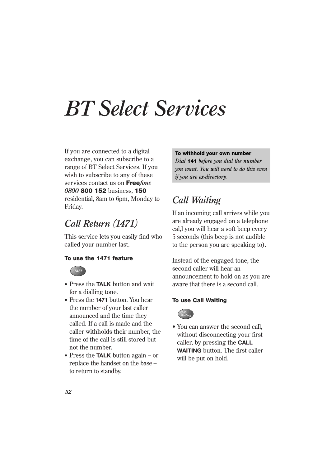 BT 1200 manual BT Select Services, Call Return, Call Waiting 