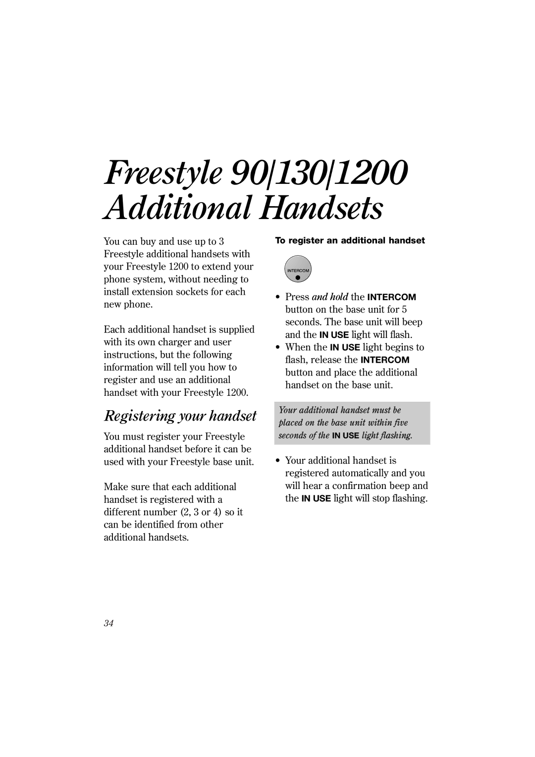 BT manual Freestyle 90/130/1200 Additional Handsets, Registering your handset 