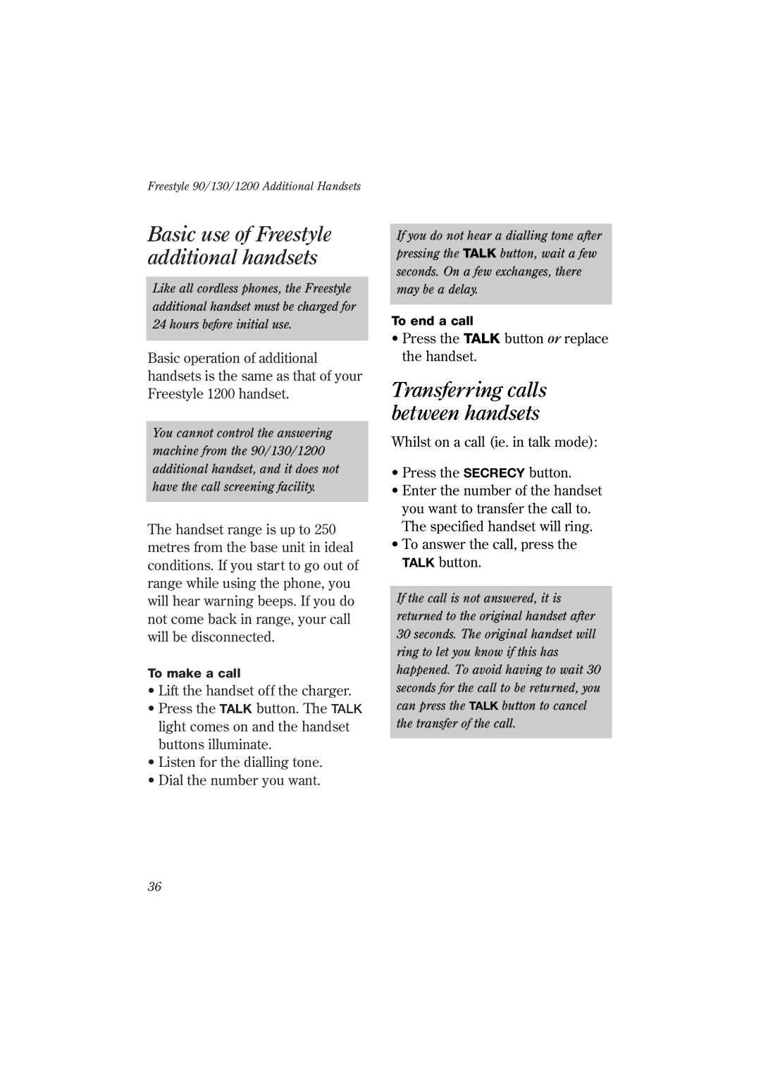 BT 1200 manual Basic use of Freestyle additional handsets, Transferring calls between handsets 