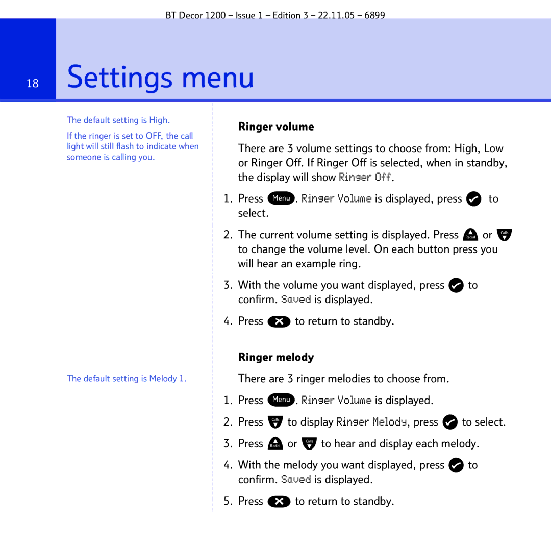 BT 1200 manual Settings menu, Default setting is High 