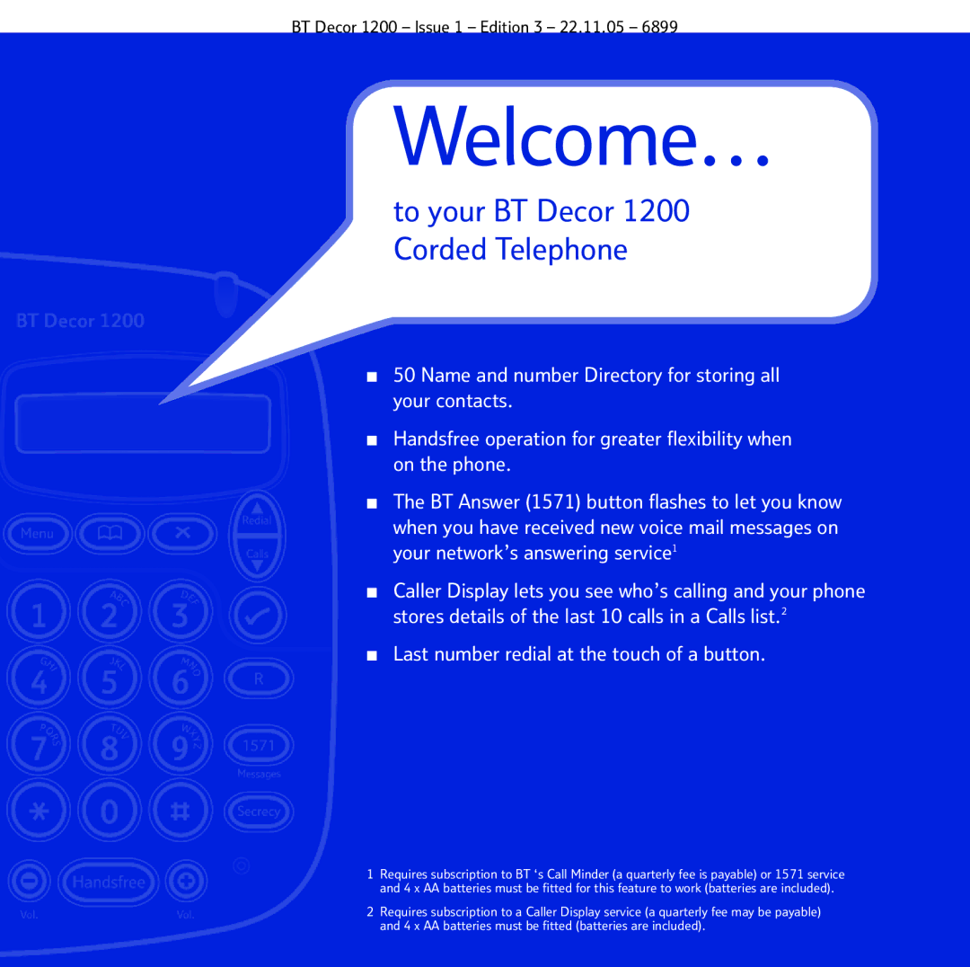 BT manual Welcome…, To your BT Decor 1200 Corded Telephone 