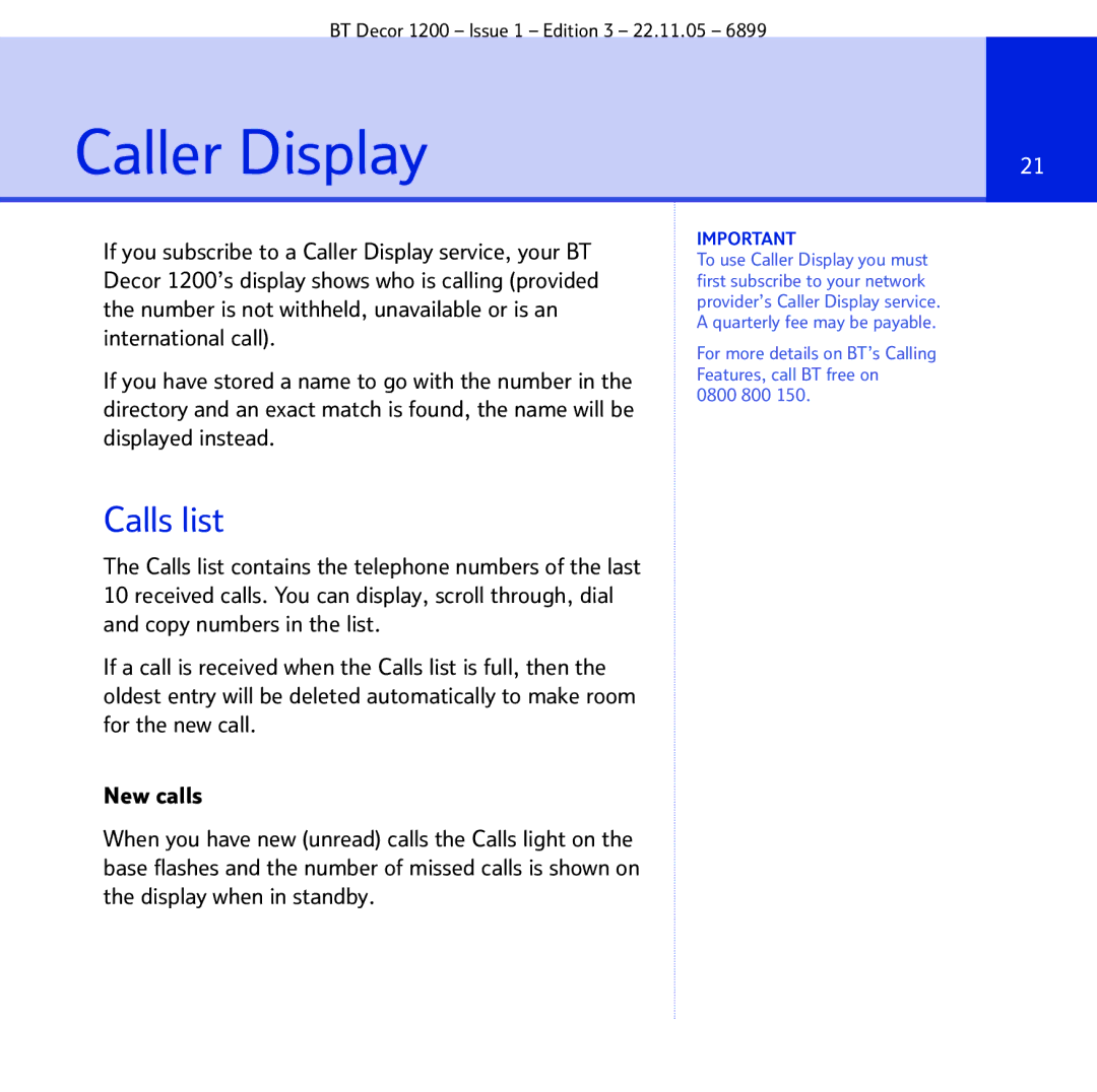 BT 1200 manual Caller Display, Calls list 