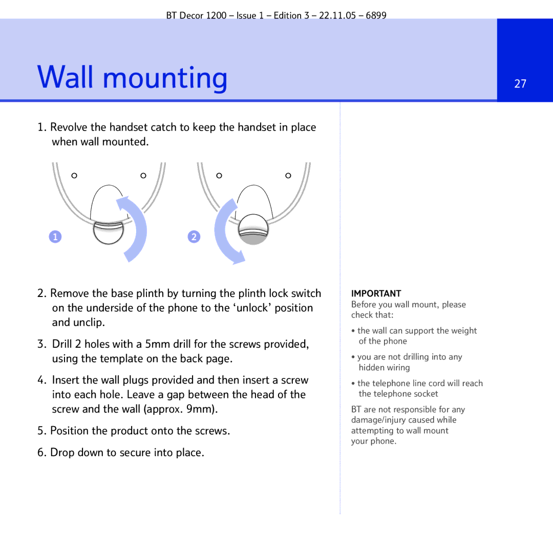 BT 1200 manual Wall mounting, Drop down to secure into place 