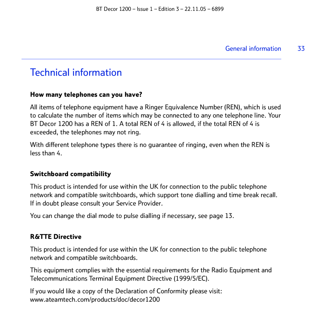 BT 1200 manual Technical information 