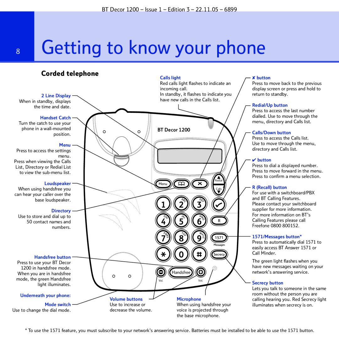 BT 1200 manual Getting to know your phone, Corded telephone 