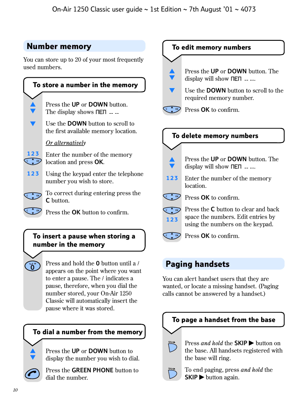 BT 1250 Classic manual Number memory, Paging handsets 