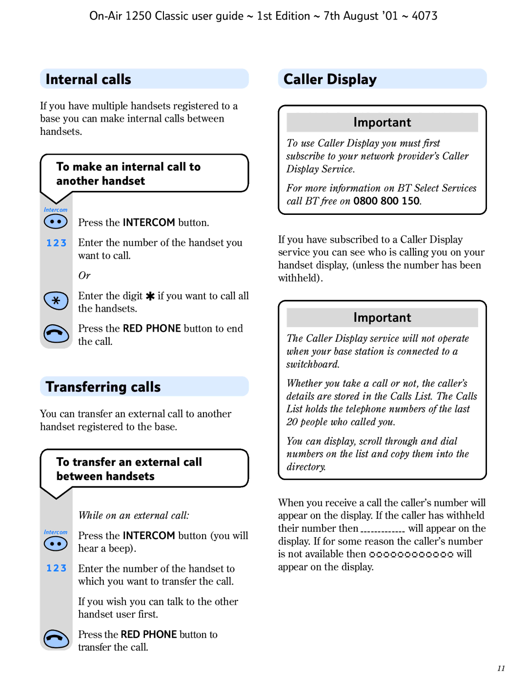 BT 1250 Classic manual Internal calls, Caller Display, Transferring calls, To make an internal call to another handset 